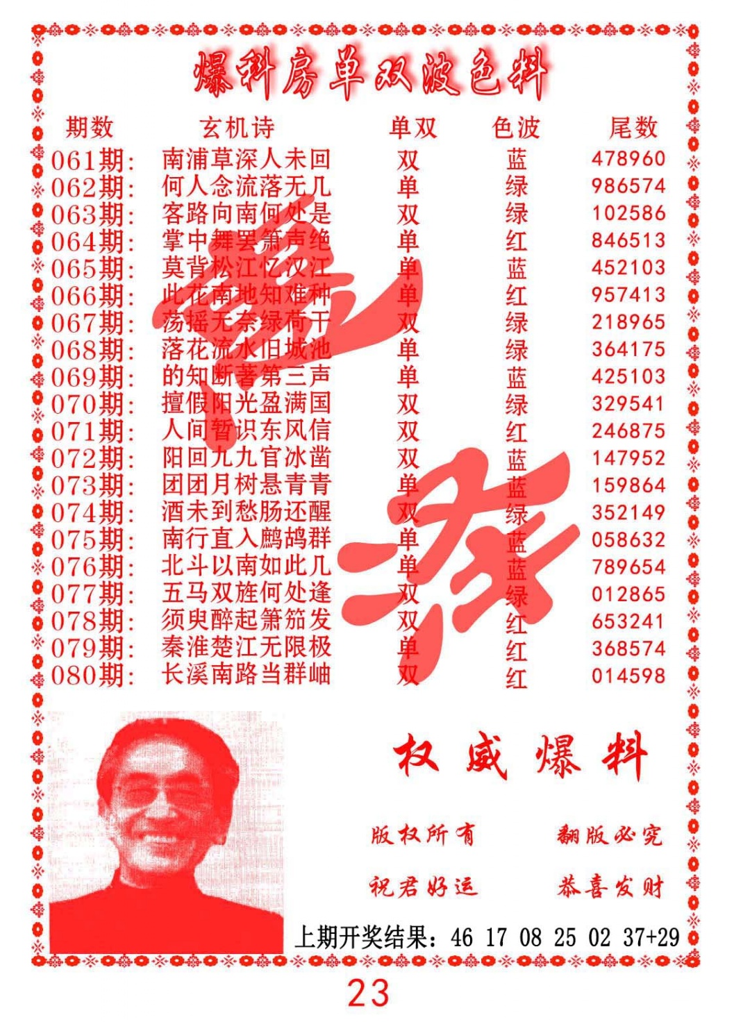 062期爆料房单双波色料[图]