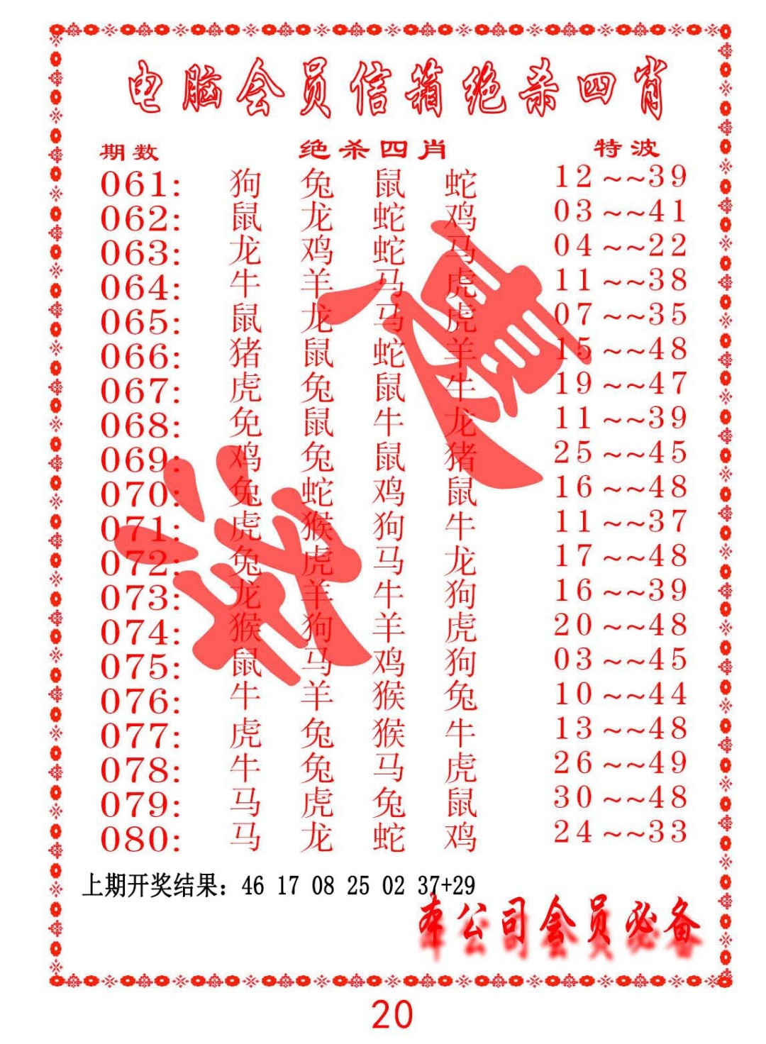 062期电脑会员-绝杀四肖[图]